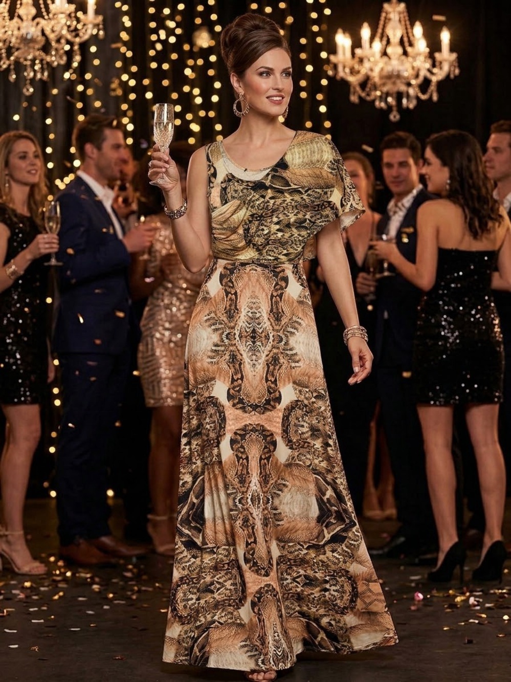 Sz S/M Bebe Elegant Flowy Snake-Print Maxi Party Dress